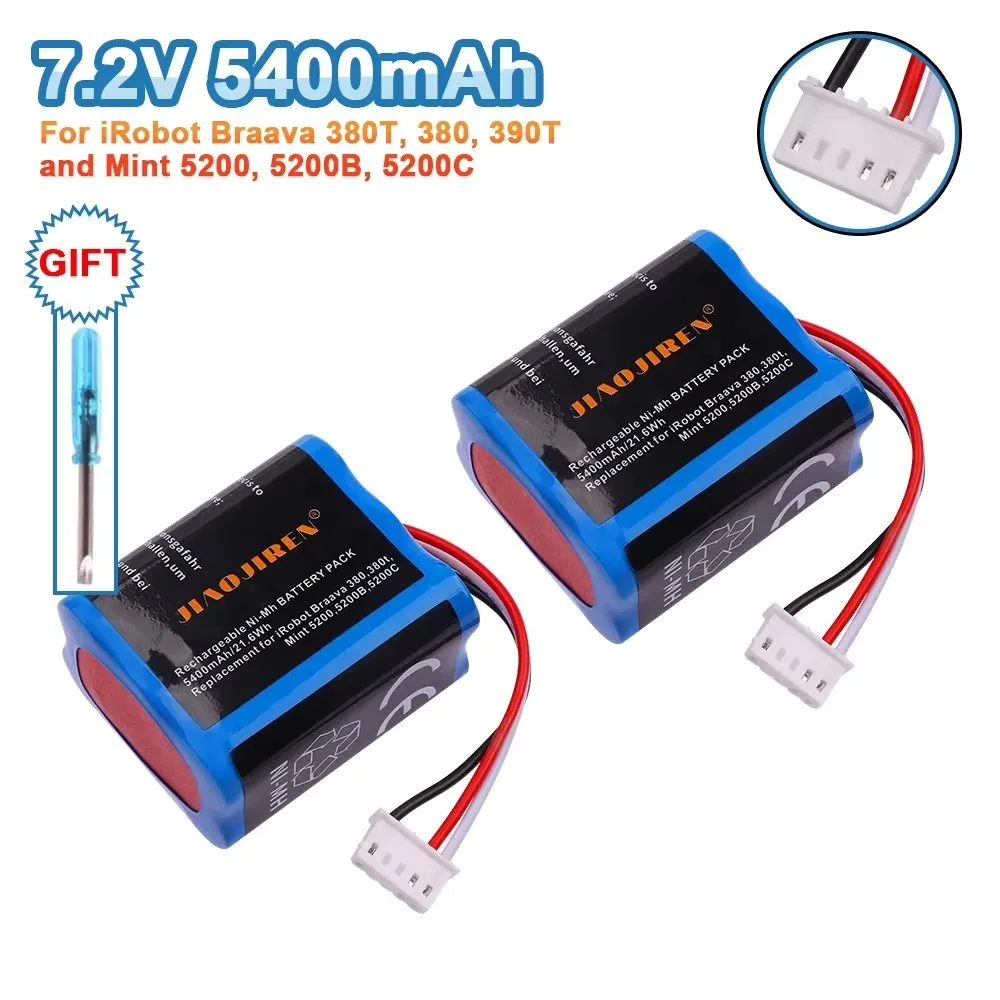 업그레이드7.2V NI-MH 5400mAh 배터리 iRobot Braava 380T 380 390T Mint 5200 5200B 5200C 진공 청소기 업그레이드 된 고용량