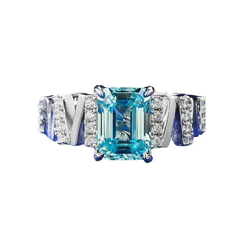 Anillo de plata S925 para mujer, accesorio Rectangular de 6x8, luz plana, azul marino, Diamante Simple y atmosférico, novedad