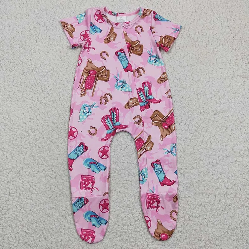 Baby Girl Western Zipper Romper Bodysuit Snap Botton Footed Pink Boots Jumpsuit Kids Toddler One-piece Newborn Summer Coverall