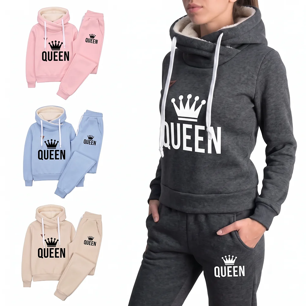 Winter Warm Women Tracksuit 2 Piece Set Thick Fleece Lined Hoodie and Sweatpants Queen Print Casual Sportswear Matching Suit