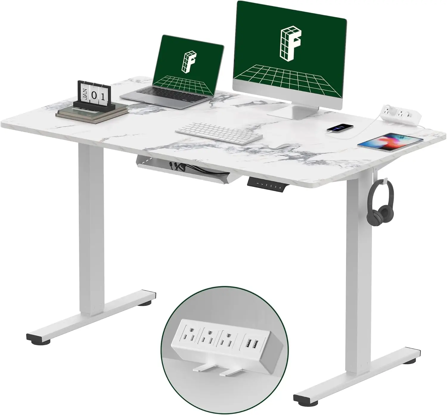 

Vertical office desk with clip on power board, 48 x 30 height adjustable (white frame+48 "marble grey tabletop, 2 packages)