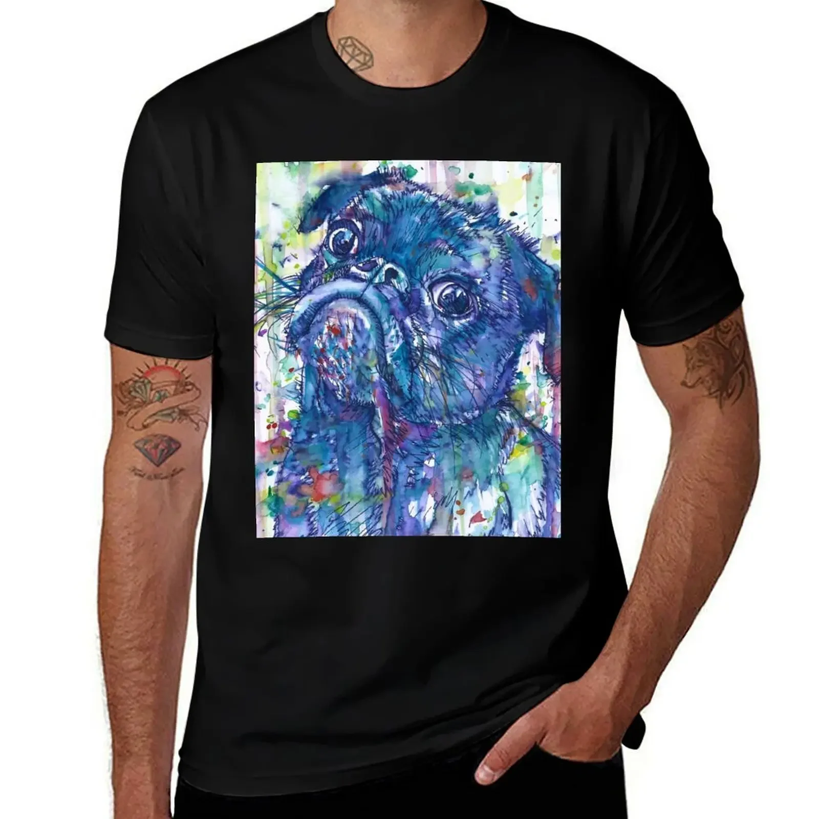 PUG watercolor and ink portrait T-Shirt topping anime tshirt sports fans mens fashion