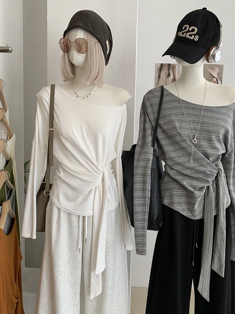 Women Grey Marled Off Shoulder Long Sleeve Top Wrap Tie Waist Slim Fit Casual Elegant Blouse Sexy Side Bandage Inner T-shirt Y2K