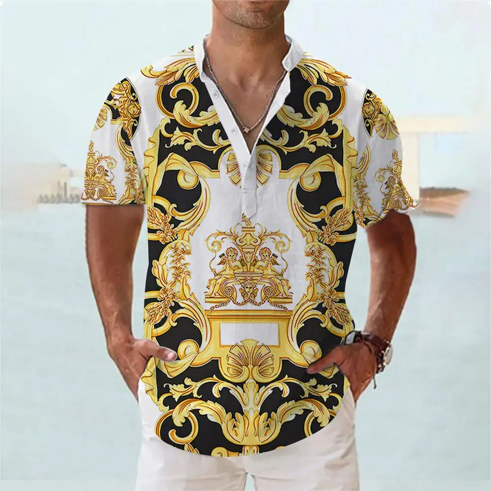 Luxurious Hawaiian Shirts For Mens Summer Clothing V Neck Oversized Short Sleeve Tops Fashion Designer Apparel Men Henley Shirts