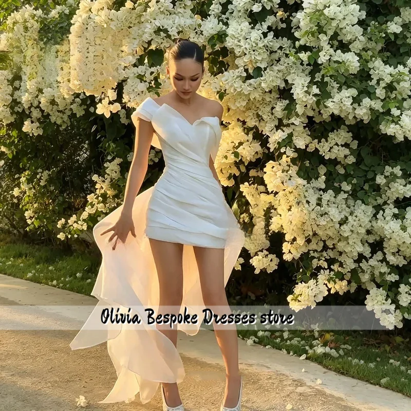 Off Shoulder Short Wedding Dresses 2026 Straight Elegant Ruched Bride Dress Civil Wedding Flowing Train Party Gowns Customized