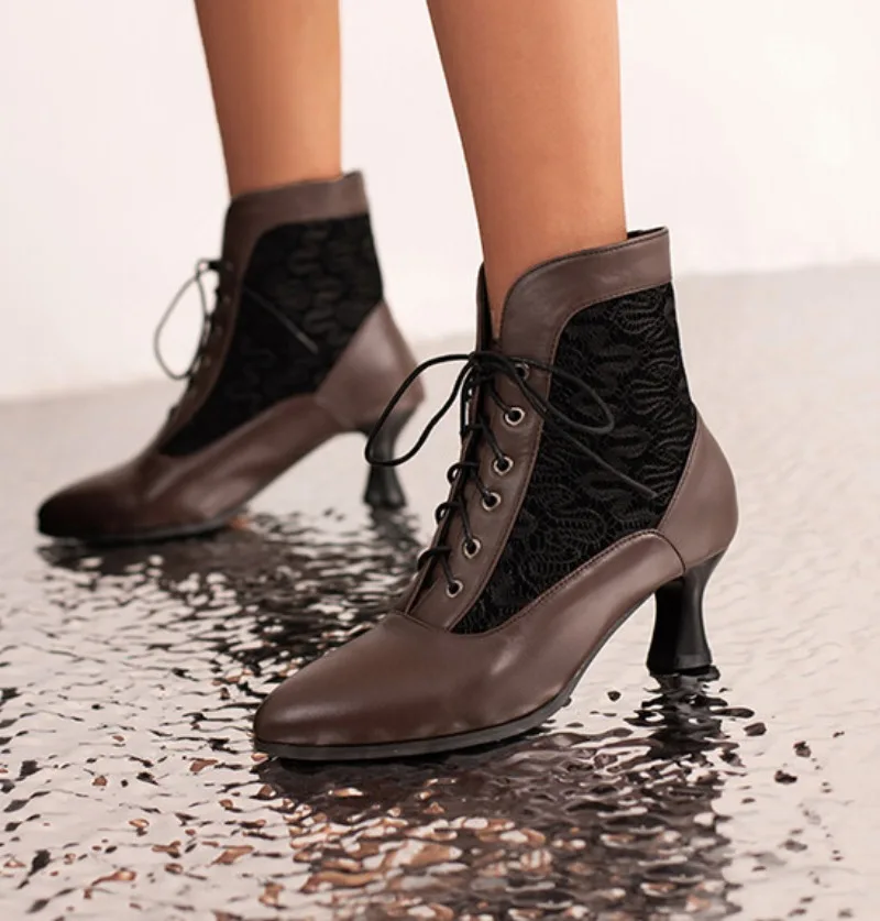 Women Ankle Boots Leather Lace Heel Shoes for Women Fashion Lace Up Spliced Ladies High Heels Woman Boots Ankle 46
