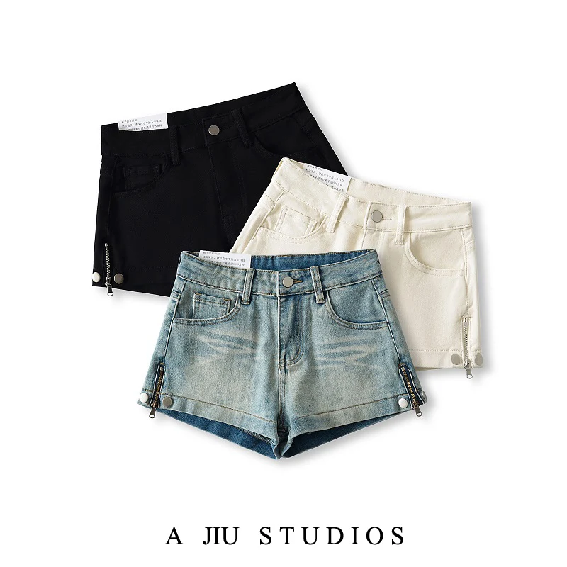 

American Sle Hot Girl High Waist Lengthening Leg Effect Denim orts Women's Side Zipper Personali Design Casual Slimming...