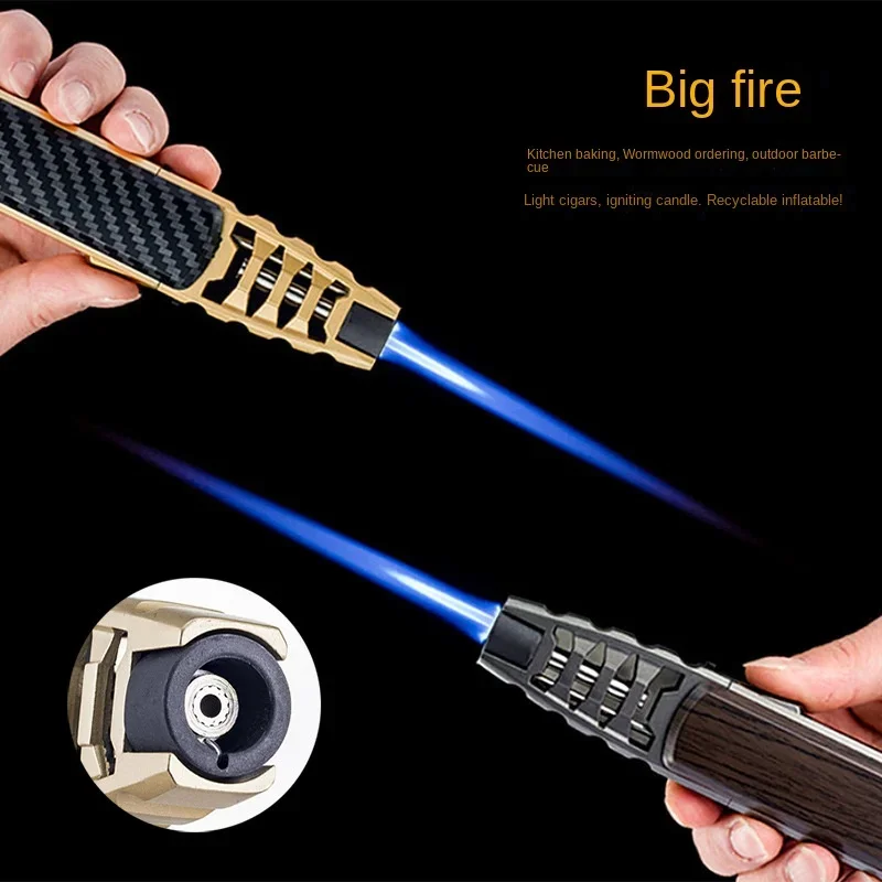 Metal spray gun straight towards blue flame lighter intense fire outdoor barbecue cigar charcoal burning inflatable welding gun