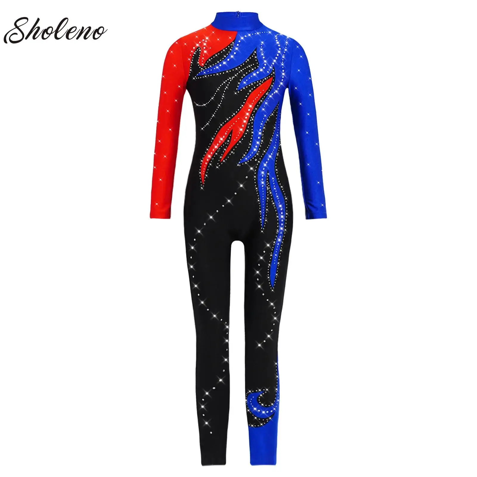 Girls Artistic Figure Skating Jumpsuit Gymnastics One-piece Suit Child Long Sleeve Rhinestone Full Body Unitard Ballet Bodysuit