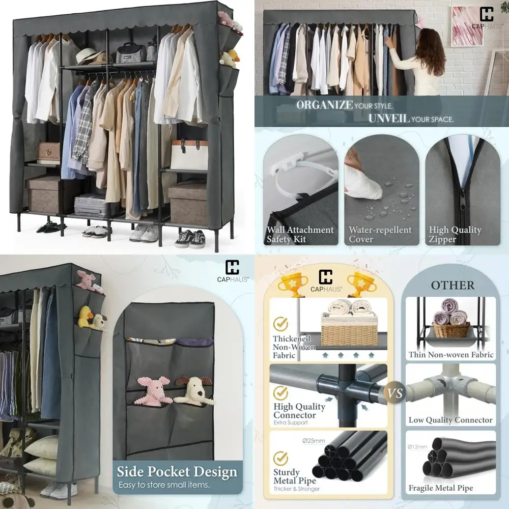 

Heavy-Duty Portable Garment Rack with Fabric Cover - Clothing Storage Organizer, Covered Closet Wardrobe for Clothes