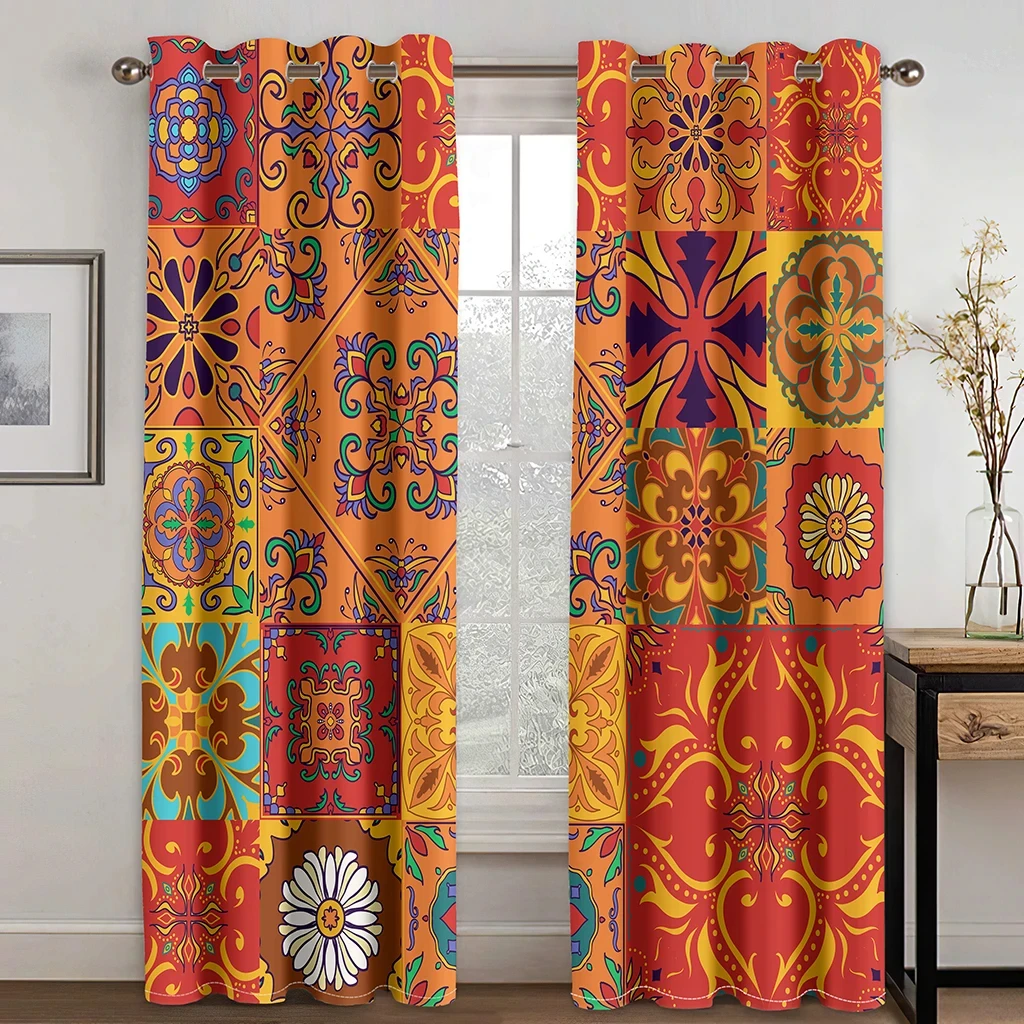 

Bohemian Retro Curtain for Bedroom, Thin Polyester Sunshading Window Decorative, Boho Printing, Finished