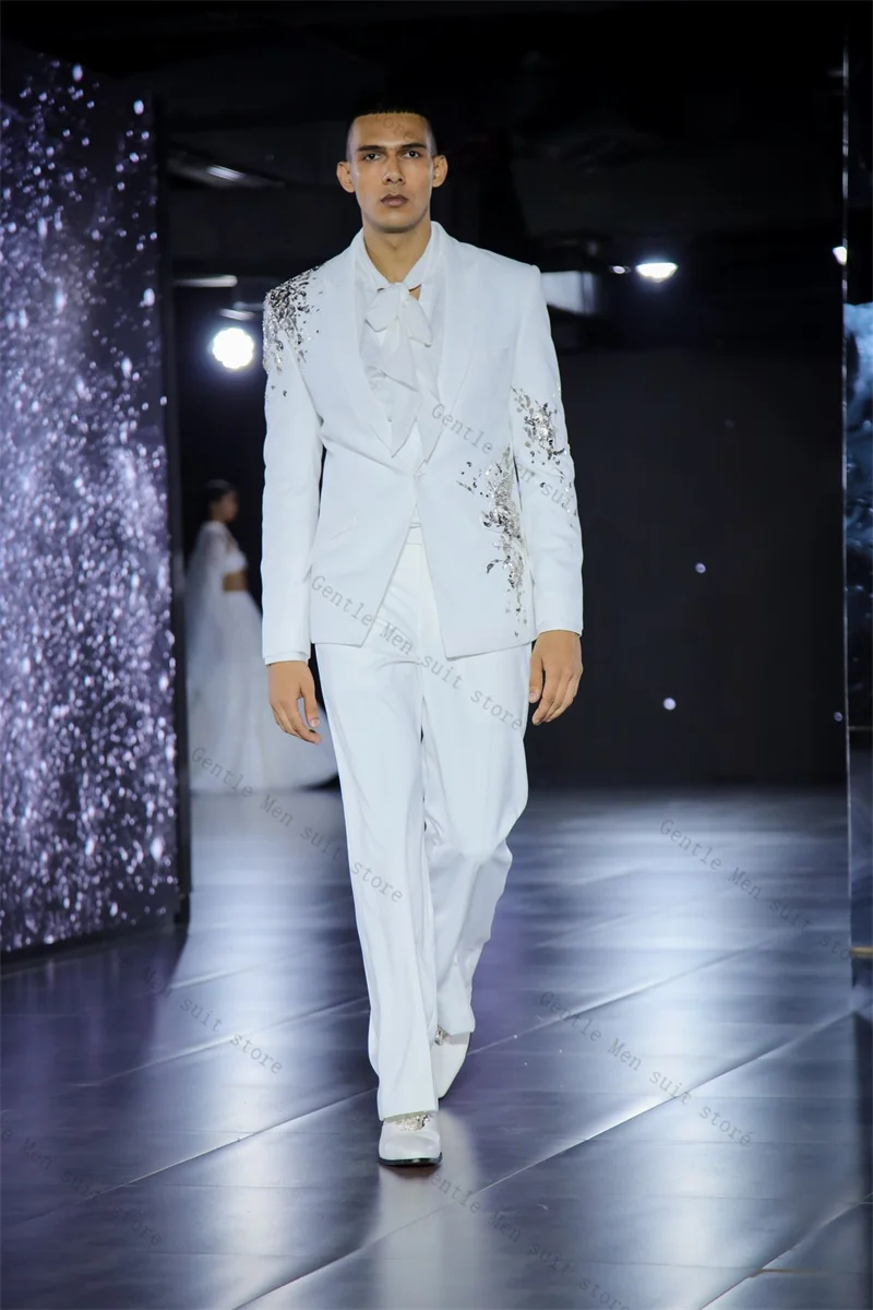 

Glitter White Men Suit Set 2 Pcs Crystals Blazer+Pants Trousers Groom Wedding Tuxedo Formal Office Jacket Cotton Coat Customized