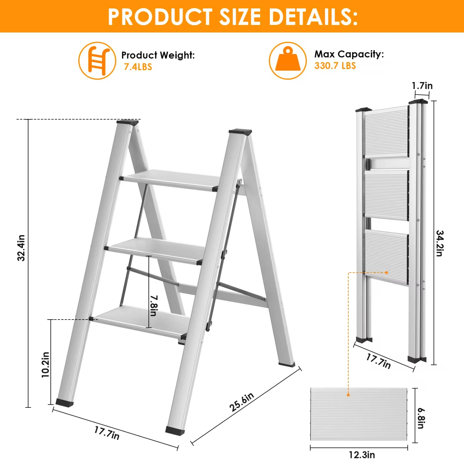 AOOU 3-traps ladder, opvouwbare opstapkruk met brede antislippedalen, draagbare lichtgewicht aluminium ladder