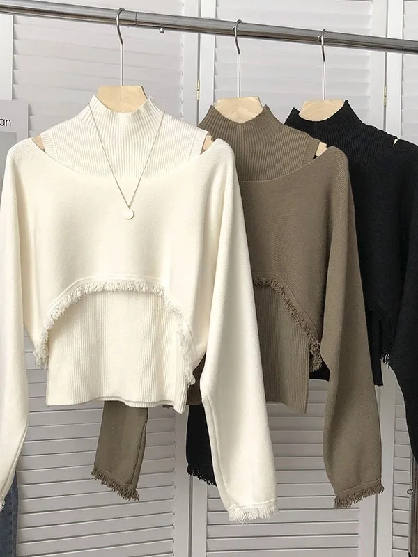 Autumn Long Lightweight Mature Sweater Shoulder Bared Vest High Waist Slim A-Line Skirt Two-Piece Set Casual Style Loose Fit