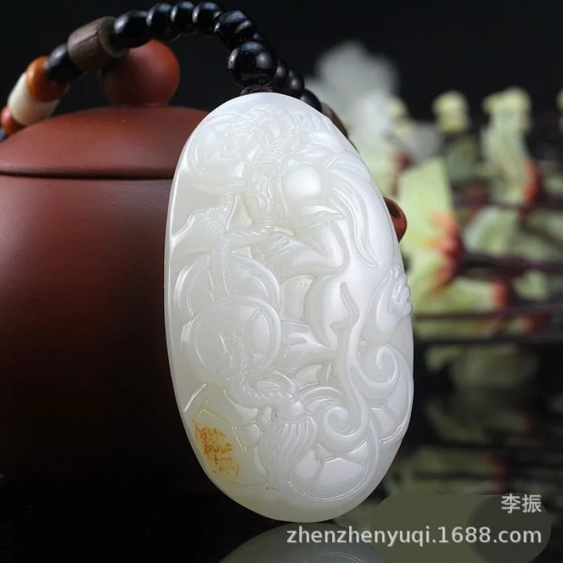 Hotan pendant, hand piece, seed material mutton fat white jade Pixiu attracting wealth
