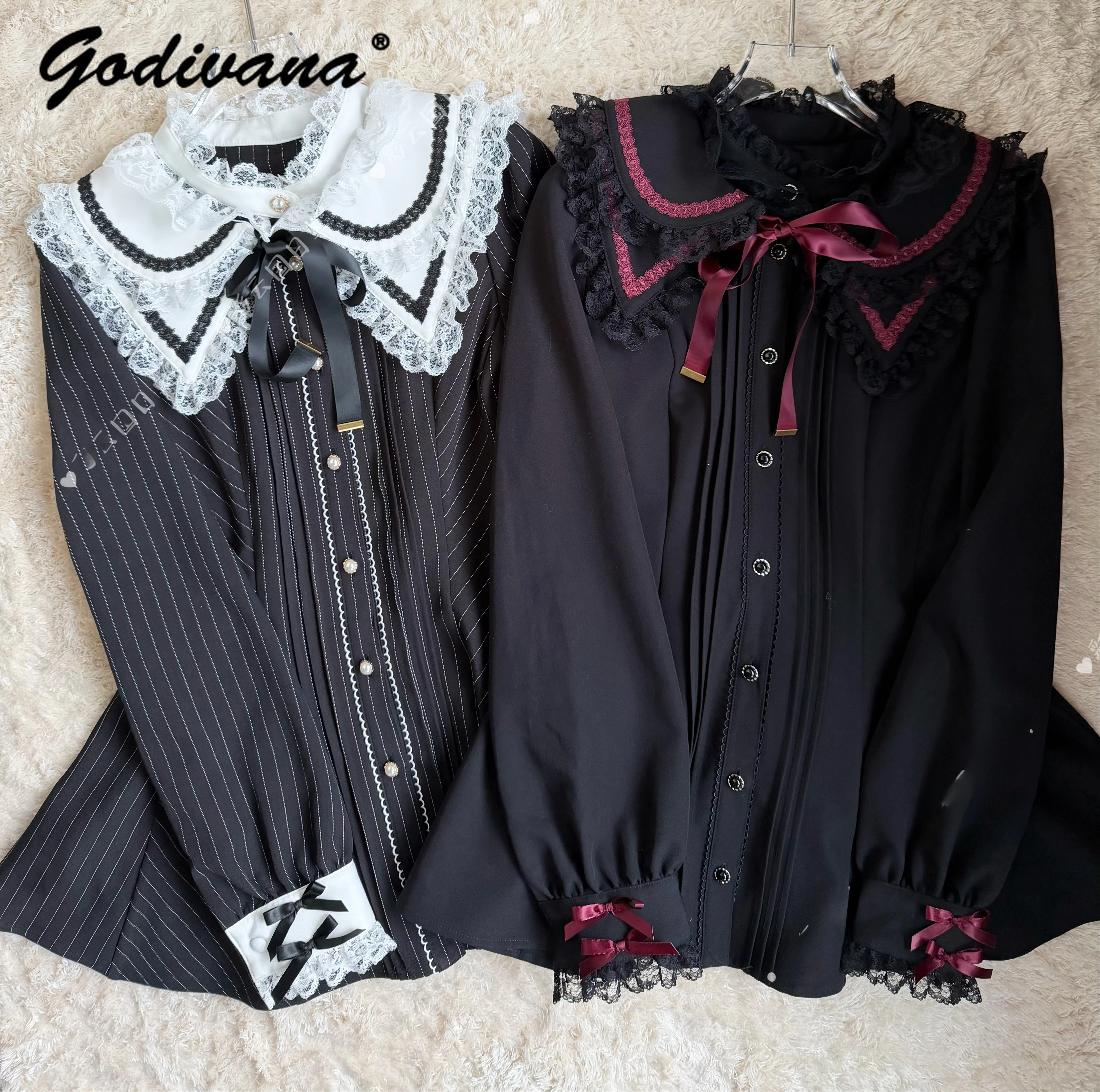 Japanese Style Sc Suit New Spring Gothic Women's Double Layer Lace Pointed Collar Strap Long Sleeve Top and Shorts 2 Piece Set