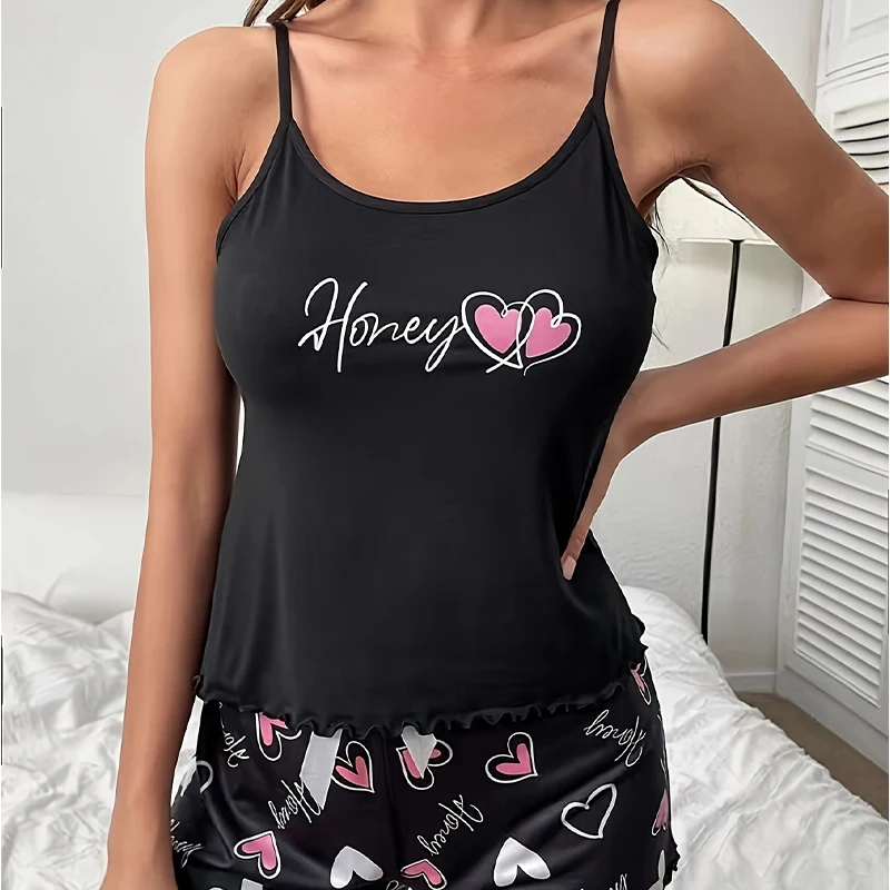 Women\'s Sleepwear Pyjama Set Black Comfortable Casual Print Short Sleeveless Pajamas Set Homewear