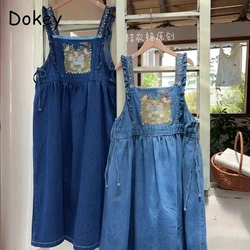 Vintage Embroidery Denim Suspender Dress Women Japanese Mori Girl Ruffle Sleeveless Jeans Dress Loose Straight Overalls Jumpsuit