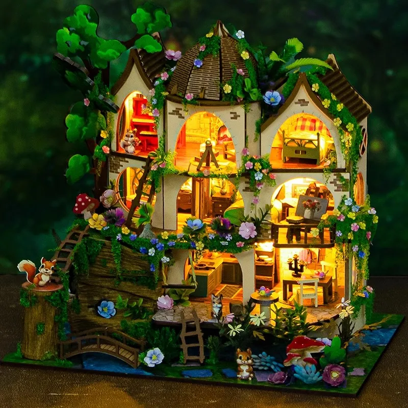 DIY Houten Miniatuur Model Kit Bos Kasteel Cottage Mini Poppenhuizen 3D Puzzel Poppenhuis Met Meubels Vrienden Verjaardagscadeaus