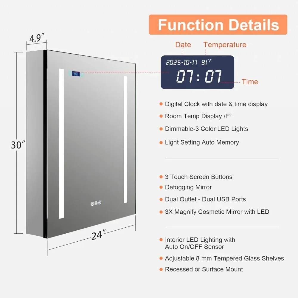 Mirror Cabinet with Lights & Mirror, Clock Room Temp Display and Defog, Outlets & USB, 24x30 LED Bathroom Cabinet