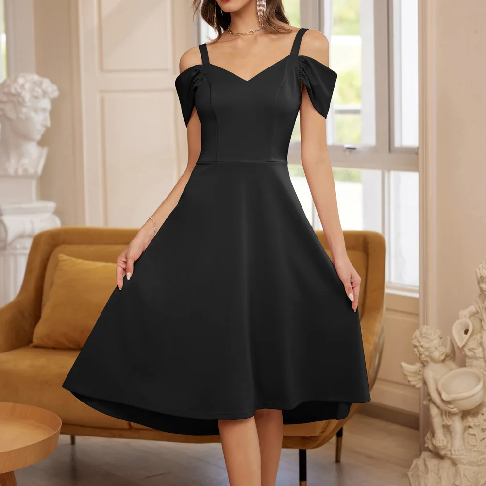 GRACE KARIN Women's Cold Shoulder Cocktail Dress V Neck Elegant Midi Wedding Party Dresses High-Low Hem Flared A-Line Dress A30