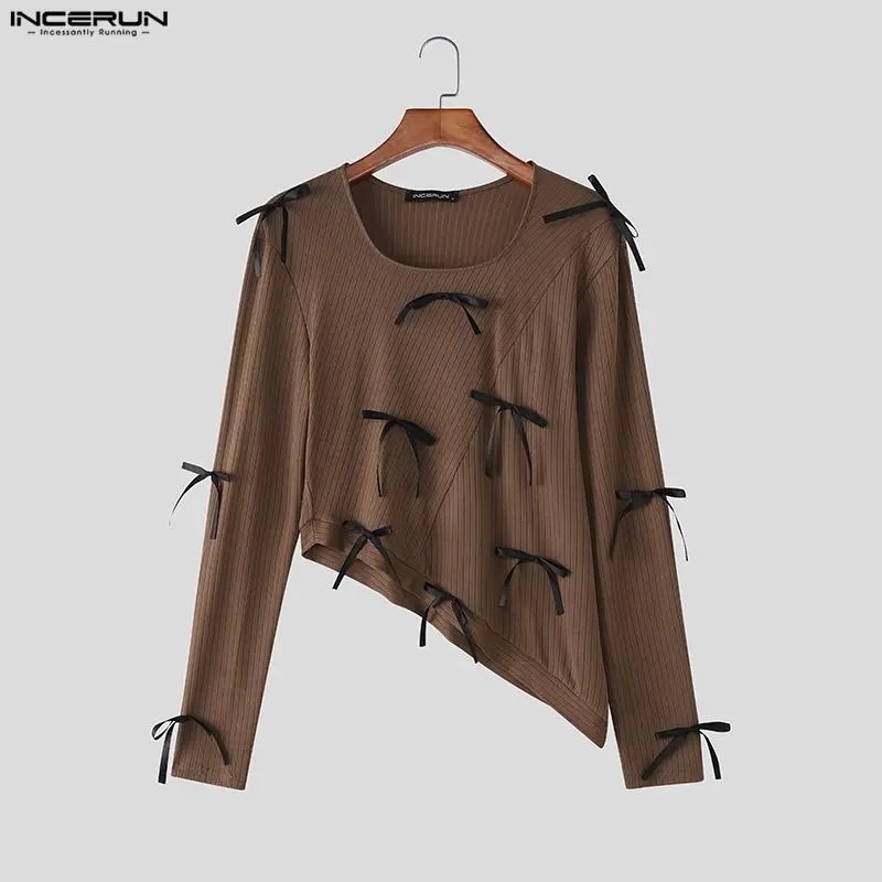 

INCERUN Мужская футболка нестандартной формы в стиле пэчворк, вязаная мужская футболка с круглым вырезом и длинными рукавами, уличная модная повседневная мужская одежда, S-5XL