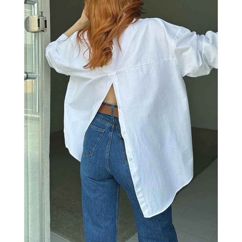 Women Fashion Casual Back Split Loose Long Sleeve Shirt Asymetrical Blouse Autumn Workwear Office Lady Buttoned Shirt Steetwear