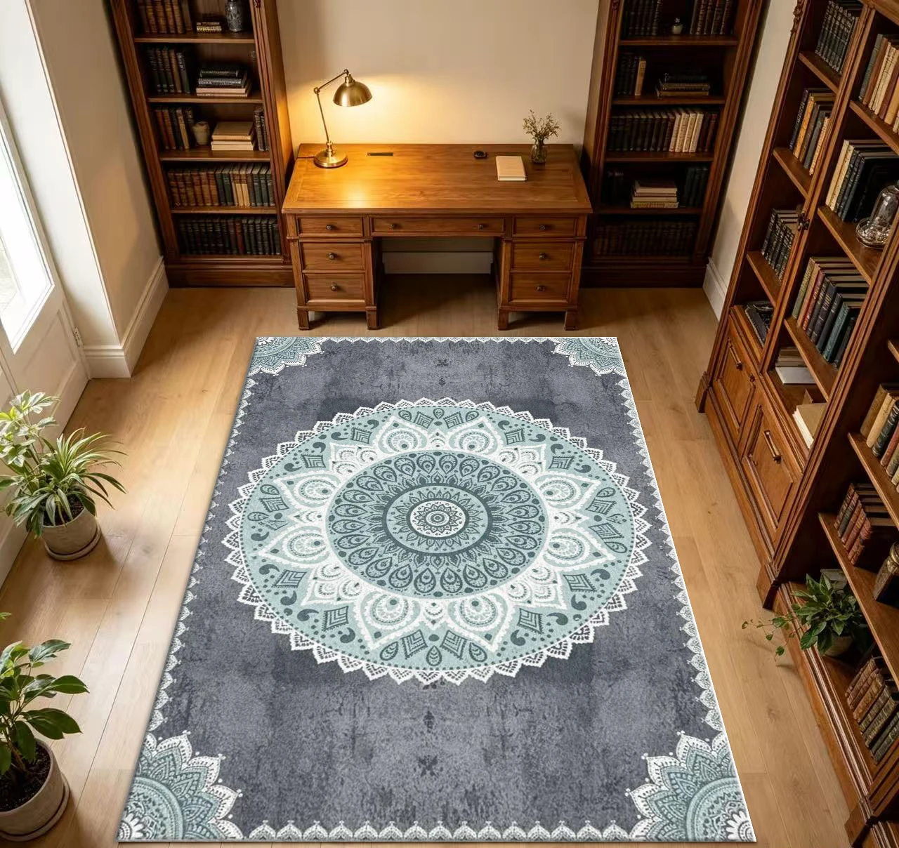 Grey Teal Boho Mandala Lace Style Square Area Rug Non-Slip Vintage Ornate Pattern Floor Carpet for Living Room Bedroom Home Decor
