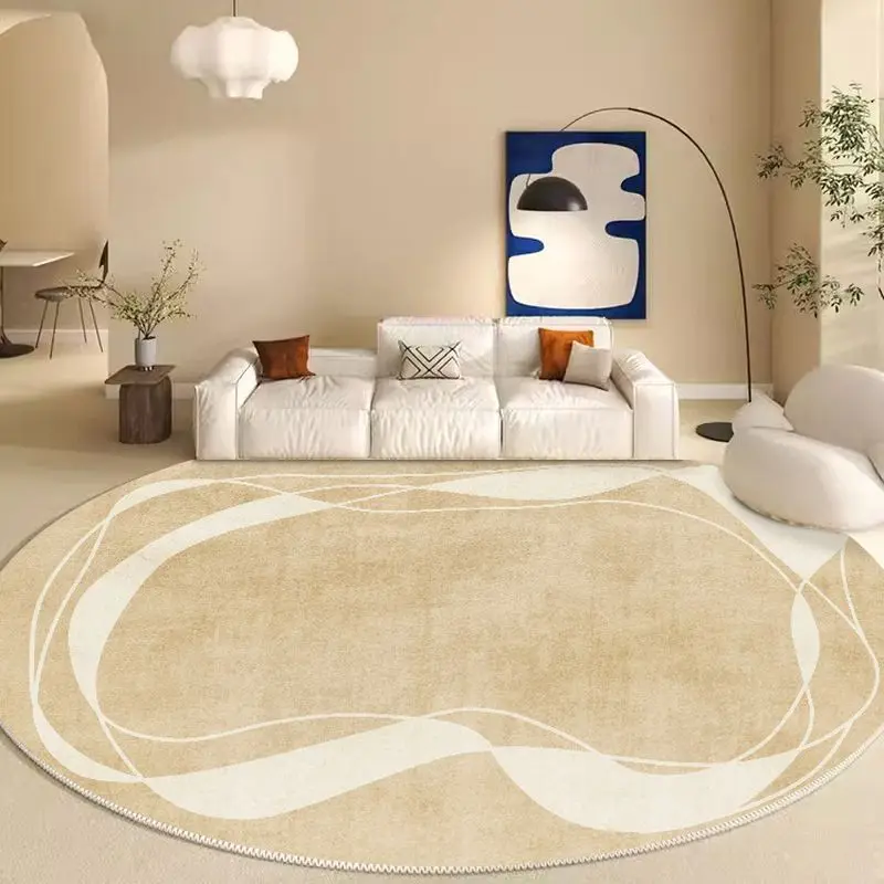VIKAMA Minimalist White Curved Line Round Rug Beige Neutral Tone Circular Carpet Non Slip Living Room Sofa Floor Mat