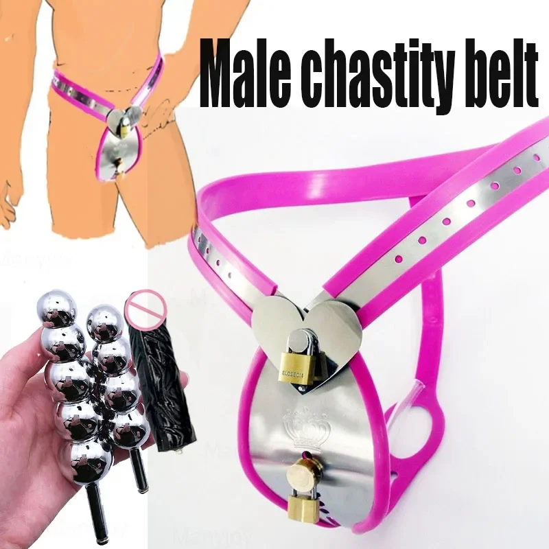 

Male BDSM Bondage Heart-shaped Stainless Steel Silicone Chastity Belt Cock Cage Lock Anal Plug Beads Catheter Sissy Device Men