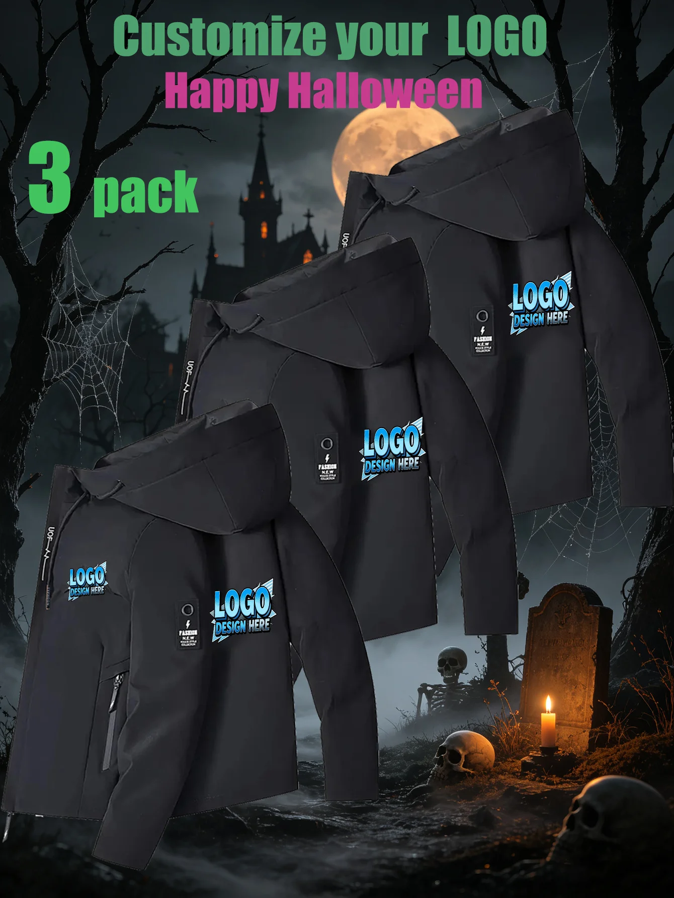 Halloween 3- Piece Custom Men's Hooded Jacket, Company Workwear, Outdoor Hiking Jacket, Essential for Outdoor Fishing, Sports
