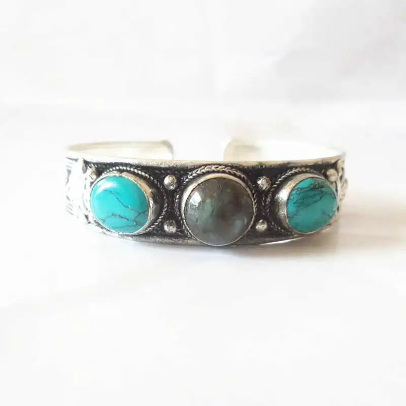 Tibetan Bangles Copper Inlay Colorful Beads Open Cuff Bangles Turquoise Labradorite Tiger Eye Beads Bracelets BB-049
