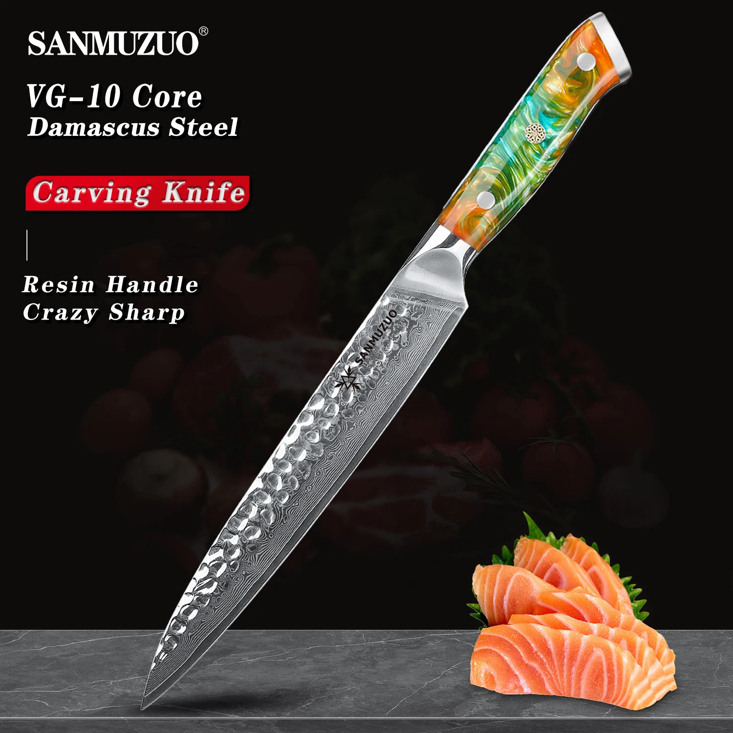 

SANMUZUO 8 inch Carving Kitchen Chef Knife - 67 Layers Damascus Steel & Resin Handle - Yao Series