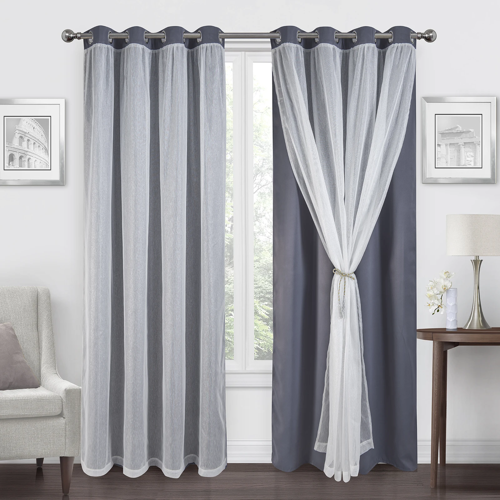 

White Sheer Voile and Blackout Curtains Assembled Grommet Mix and Match Curtains for Living Room W52xH84 Inch Set of 2 Panels