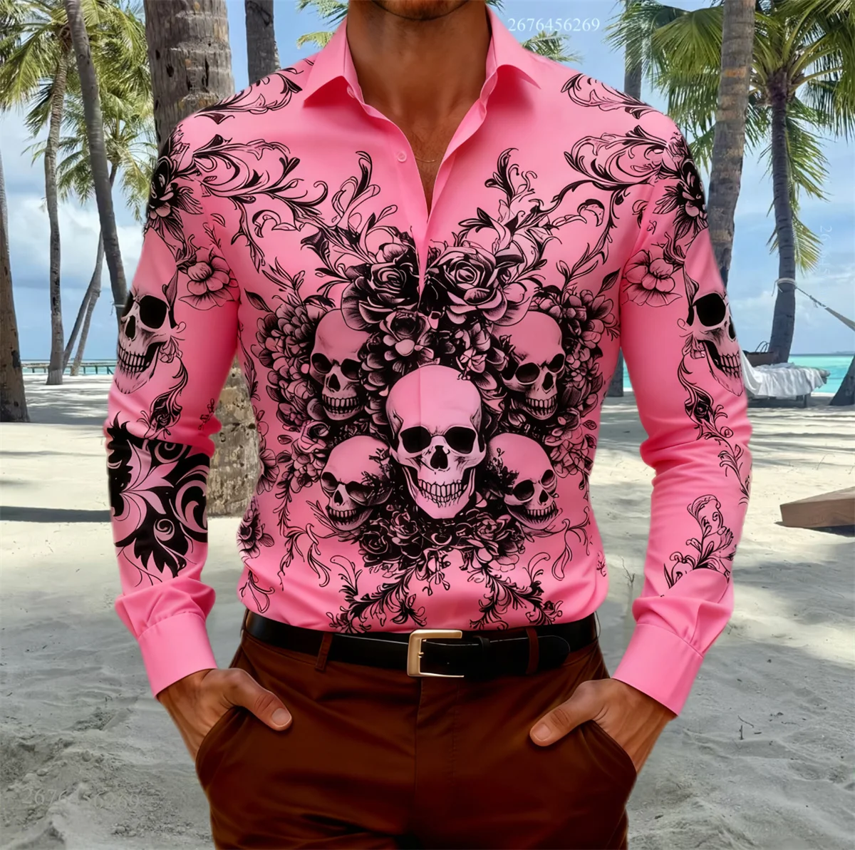15-цветная мужская рубашка с длинными рукавами и принтом черепа и крыла летучей мыши для вечеринок и повседневной одежды: изысканный череп и орнаментный узор