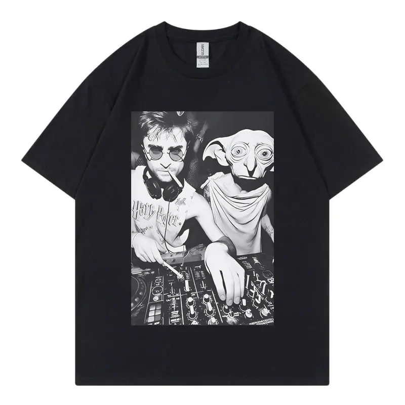With Dobby The House Elf DJ Smoking Funny Meme T Shirt Gothic Vintage Short Sleeve T-shirt Unisex Fashion Casual Loose T-shirts