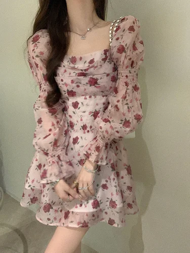 Imagen 2 del producto Vestido estético ajustado Floral para mujer, línea A, diseño dulce, Vintage, estilo francés, a la moda, temperamento de vacaciones de ocio OL