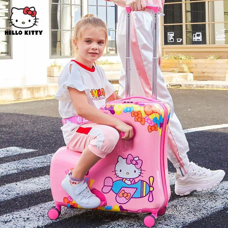 Kawaii Sanrioed Hello Kittys Kt Cat Universal Wheel Trolley Kids Riding Case Cartoon Suitcase Travel Portable Boarding Case Gift