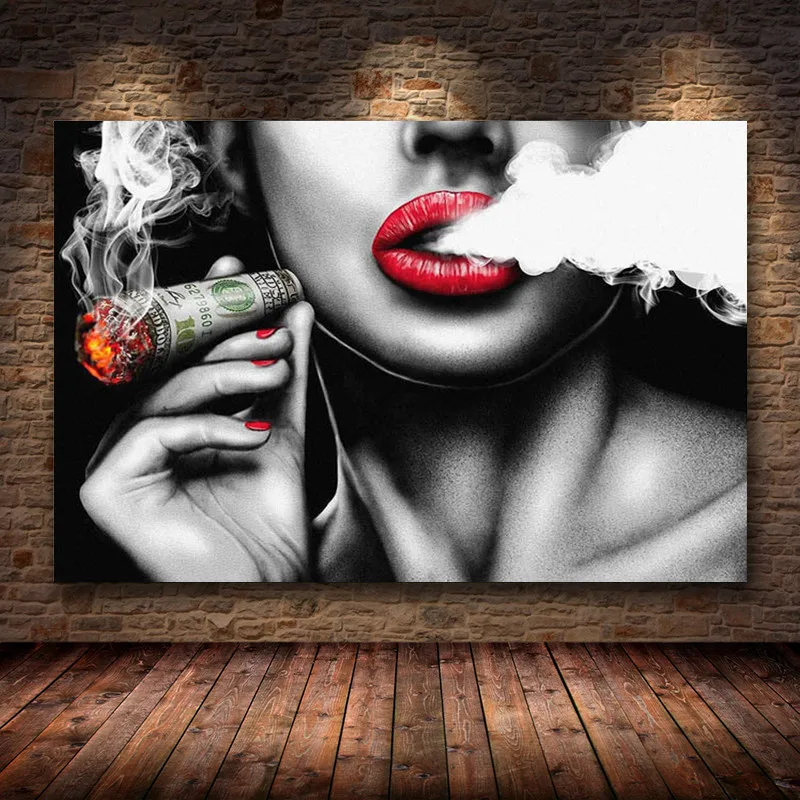 

Red Lips Smoking Characters Vintage Women Print Art Canvas Poster For Living Room Decor Home Wall Picture