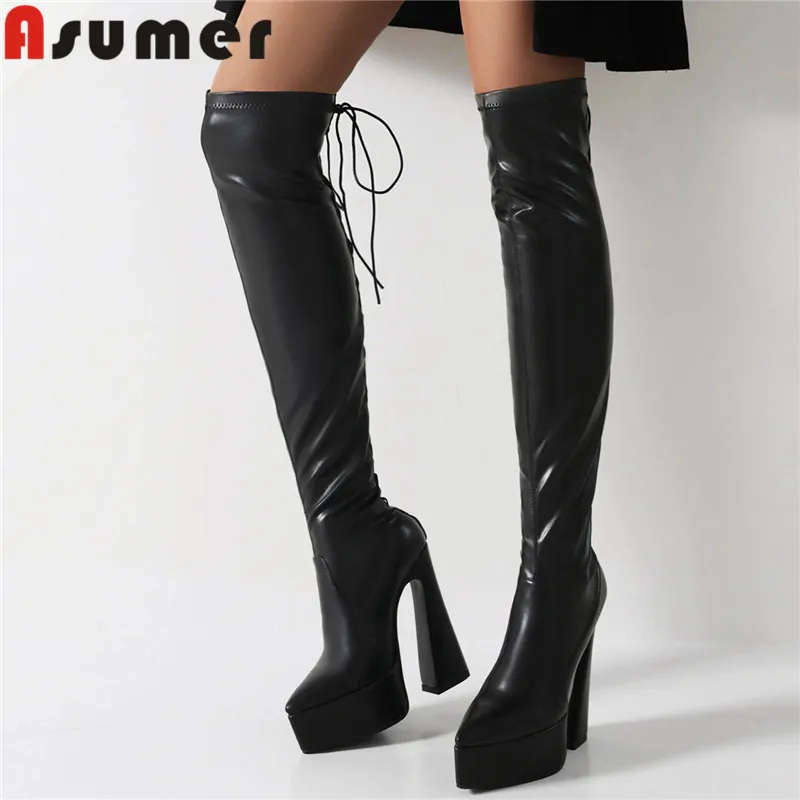 

ASUMER 2024 New Arrival Winter PU Lace Up High Heels Boots Pointed Toe Platform Fashionable Women's OverKnee High Boots