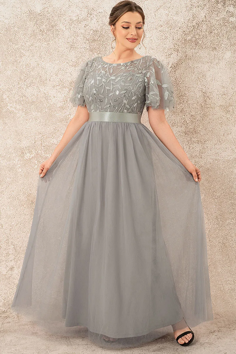 Flycurvy Plus Size Evening Gowns Grey Embroidery Butterfly Sleeves Maxi Dress