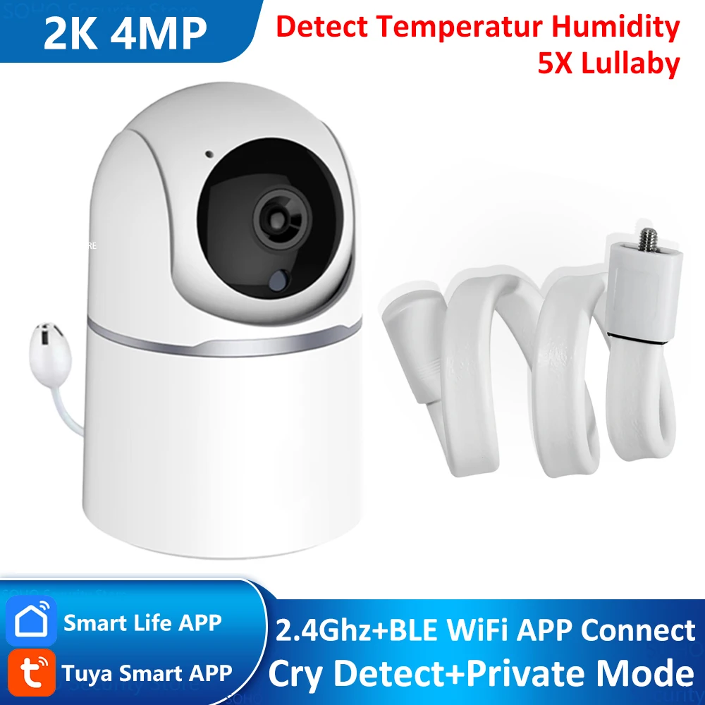 tuya inteligente 2k 4mp 24g ble wifi monitor do bebe detectar choro modo privado temperatura umidade alarme cancao de ninar audio video baba camera 01