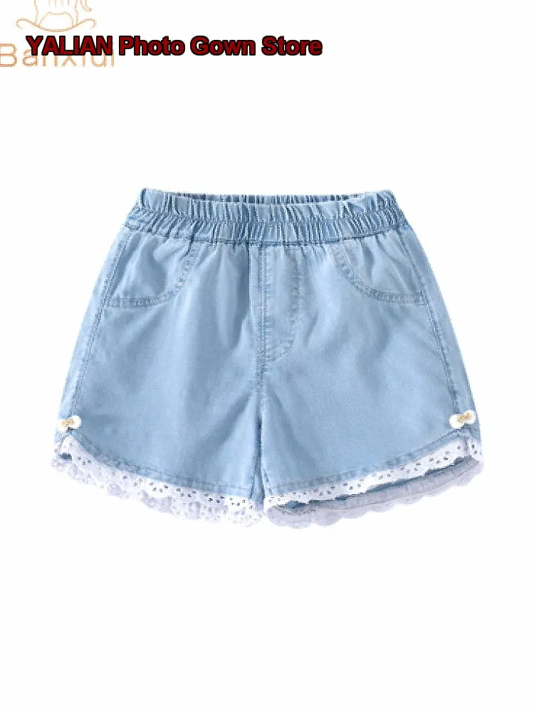 Girls Shorts Baby Summer Thin Light Blue Washed Capri Kids