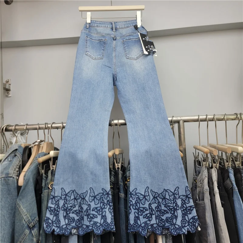 QICHE 2026 Early Autumn New Heavy-Duty Rhinestone Butterfly Embroidered Flare Denim Pants Slim Petite Friendly Long Trousers