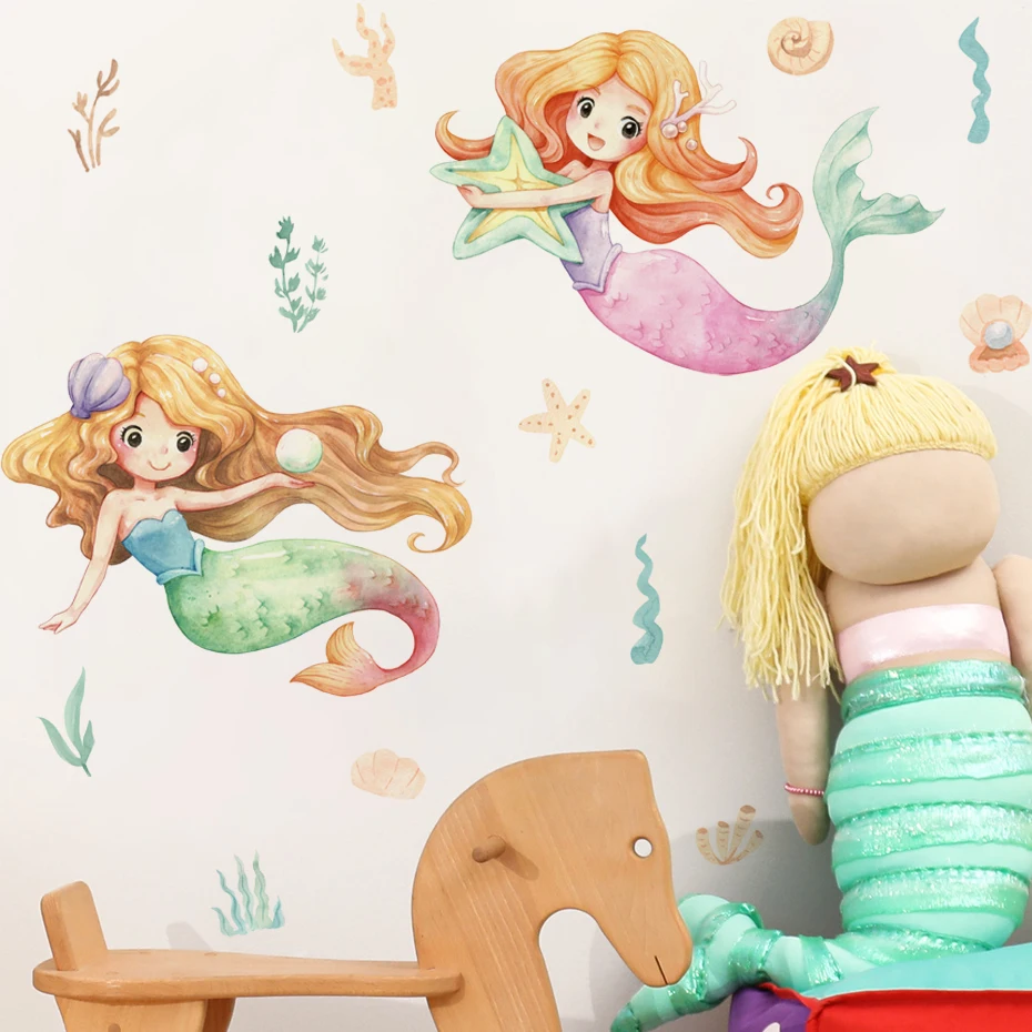 Cartoon Lovely Mermaid Princess Ocean Watercolor Nursery Wall Stickers for Kids Room Girls Room Decor Wall Decals Mural
