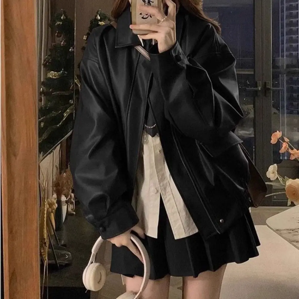 Fashion Pleated Leather Jacket Women Lapel Collar Korean Chic Vintage PU Coats Outerwear Retro Zipper Overcoat Streetwear