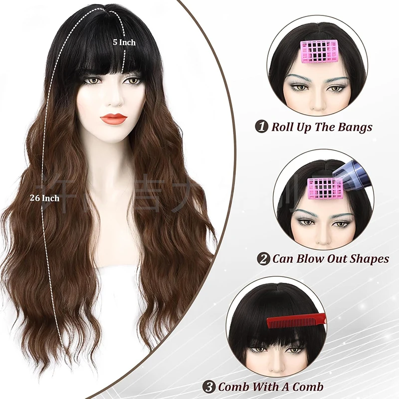Распродажа 26-дюймовых синтетических париков с челкой и волнистыми волосами, подходящих для женских повседневных вечеринок и ролевых игр на Хэллоуин.