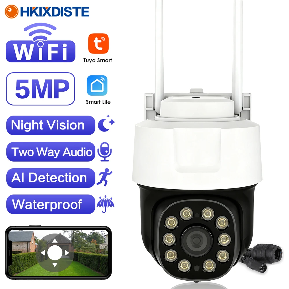 5MP Tuya Outdoor Waterproof Wifi PTZ Security Camera Human Detection Auto Tracking Wireless CCTV Surveillance Camera Smart Life