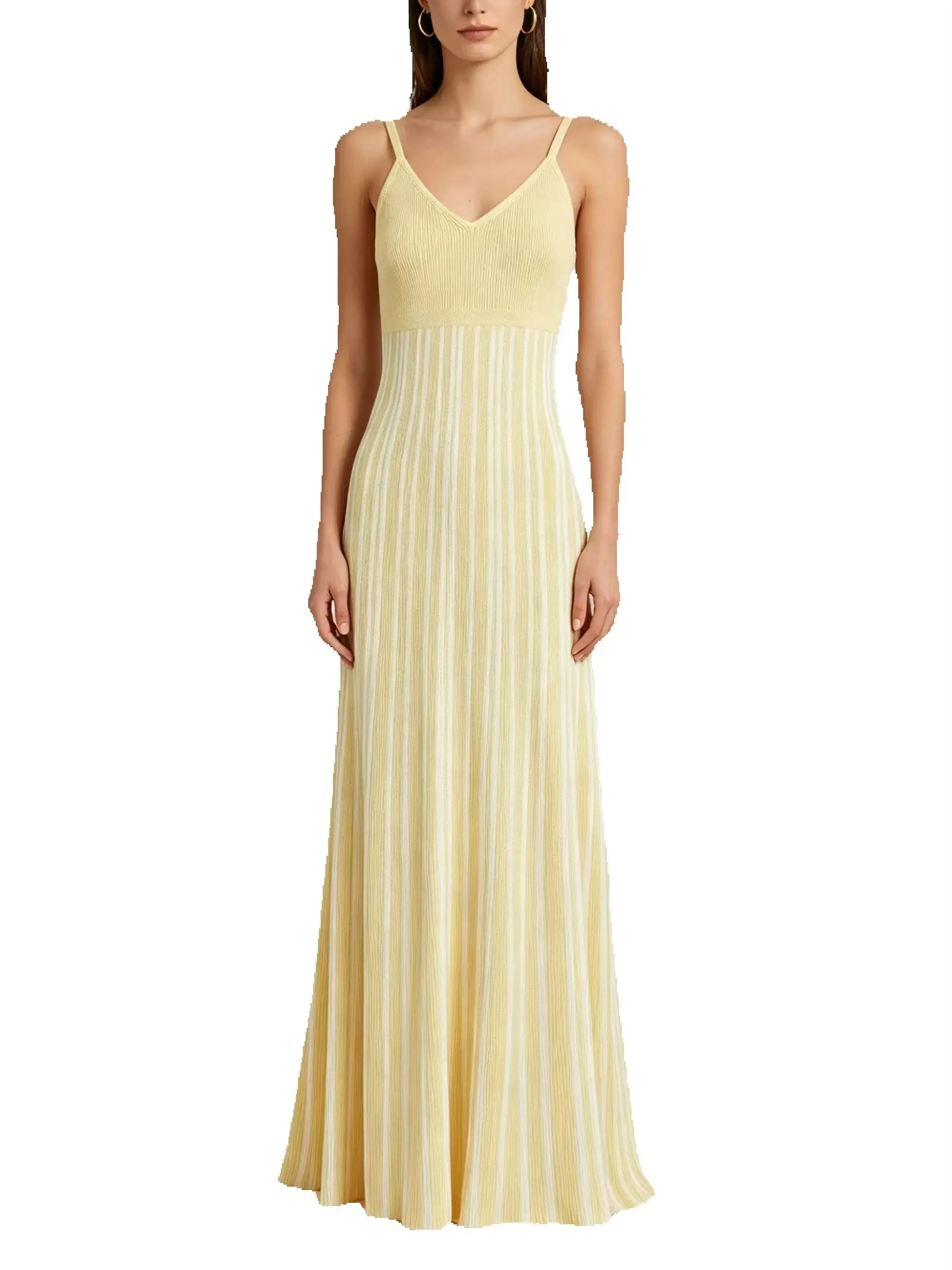 

26150 Summer Fashion Black Vertical Striped Knitted Long Dress Ladies V Neck Sleeveless A Line Elegant Casual Outfit