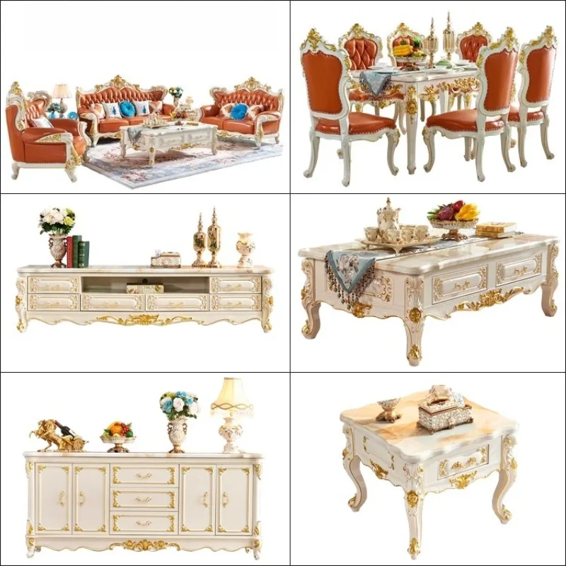 대리석 커피 테이블 길이 1.6미터 단단한 나무 TV 캐비닛 조합 화이트 골드 페인트 새겨진 거실